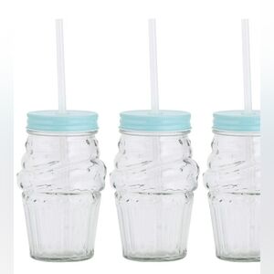 Amici Home Ice Cream Green Lid 16 oz Glass Mason Jars Reusable Straws, Set Of 3
